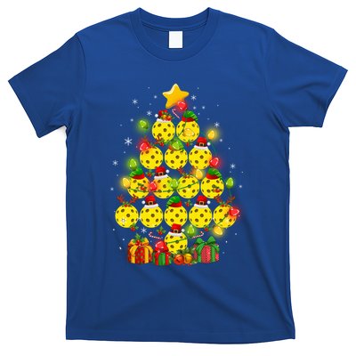 Pickleball Balls Santa Claus And Elf Hat Christmas Tree Lights Gift T-Shirt