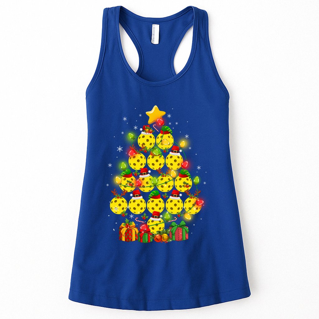 Pickleball Balls Santa Claus And Elf Hat Christmas Tree Lights Gift Womens Tank Top