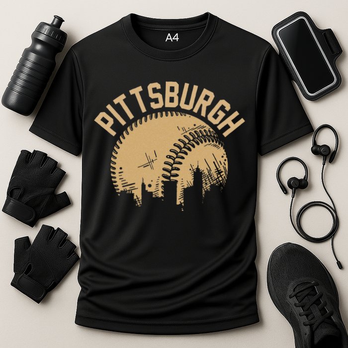 Pittsburgh Baseball Skyline Pennsylvania Player Coach Fan Cooling Performance Crew T-Shirt