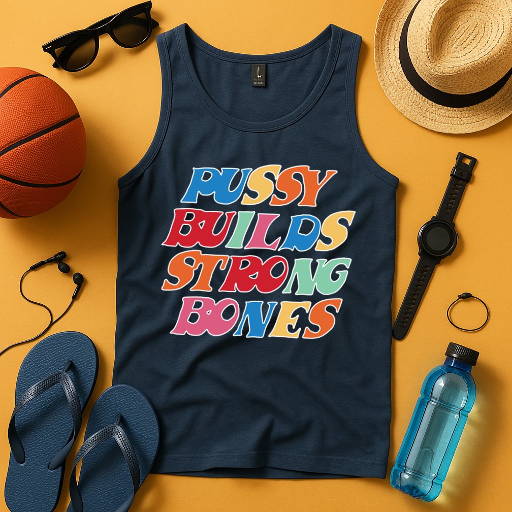 Pussy Builds Strong Bones Retro Colorful Logo Tank Top