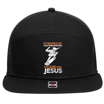 Powered by skateboarding and jesus 7 Panel Mesh Trucker Snapback Hat