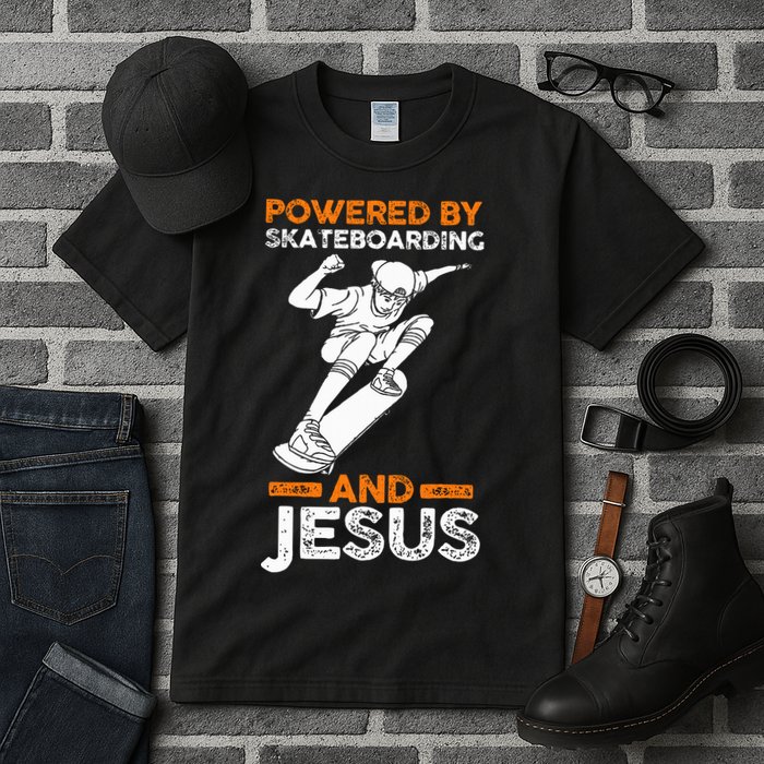 Powered by skateboarding and jesus Tall T-Shirt