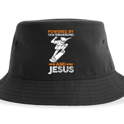 Powered by skateboarding and jesus Sustainable Bucket Hat