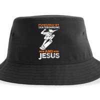 Powered by skateboarding and jesus Sustainable Bucket Hat