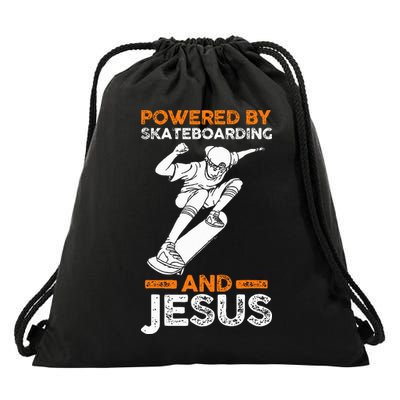 Powered by skateboarding and jesus Drawstring Bag
