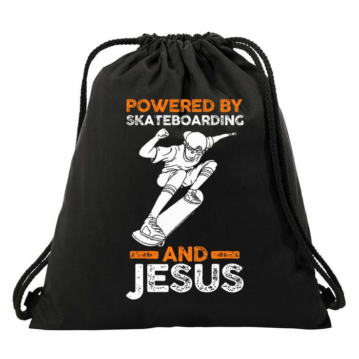 Powered by skateboarding and jesus Drawstring Bag