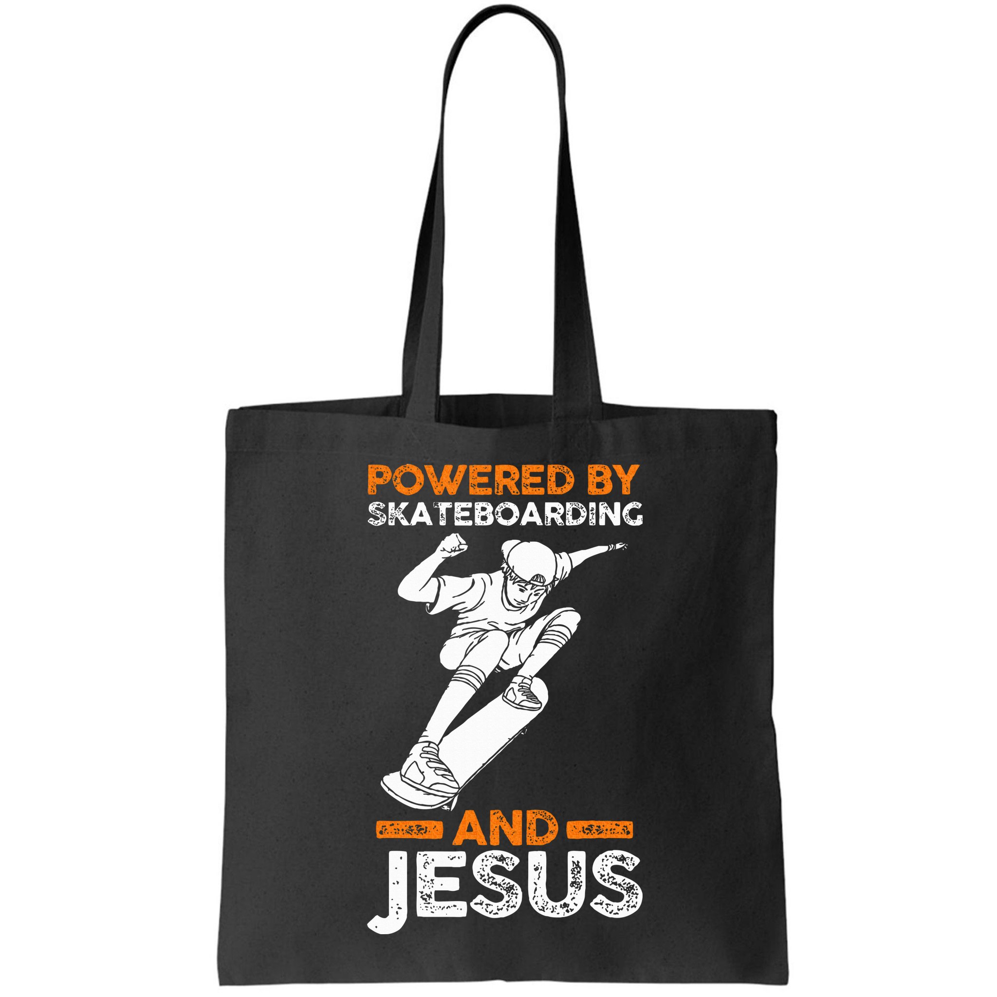 Powered by skateboarding and jesus Bag