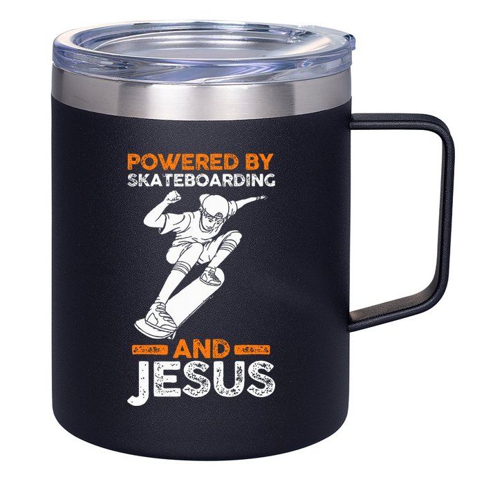Powered by skateboarding and jesus 12oz Stainless Steel Coffee Mug