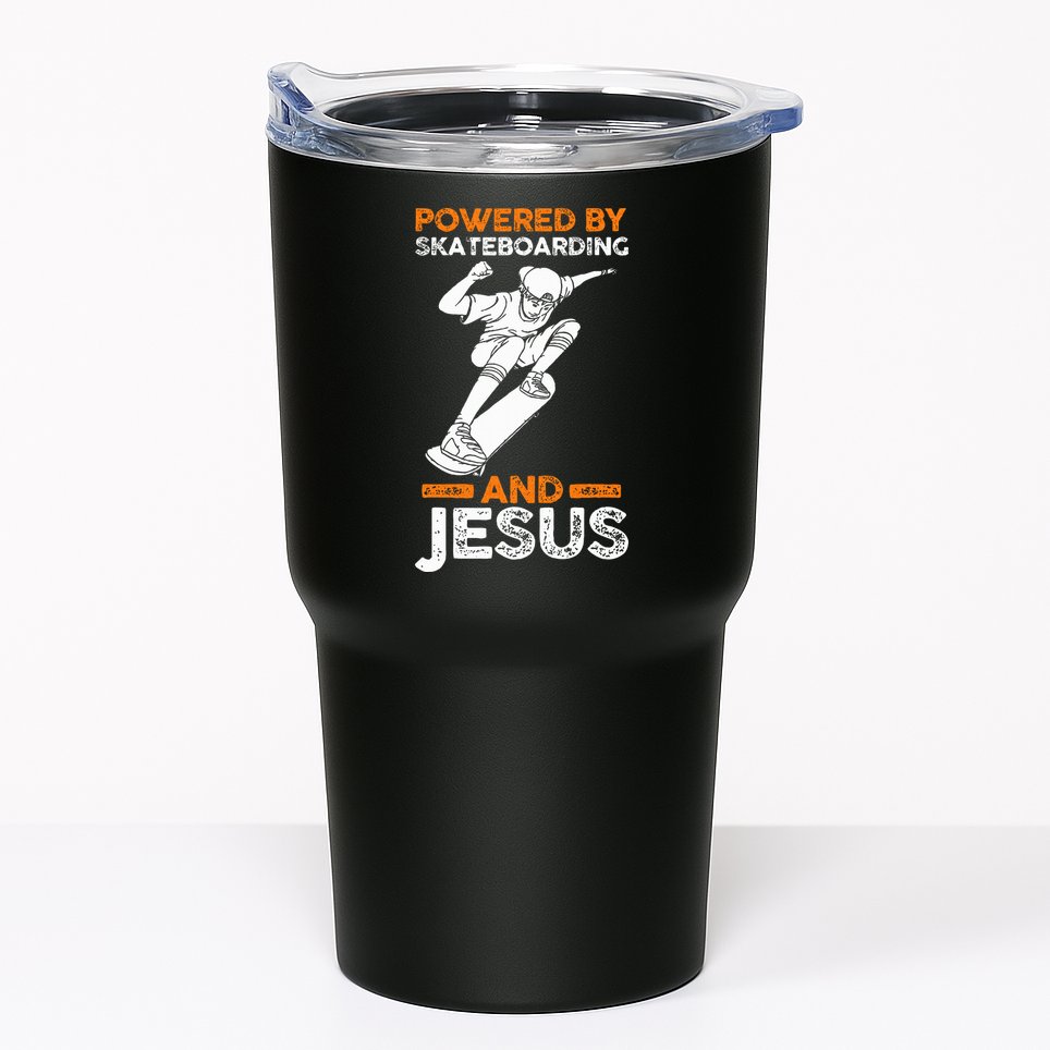 Powered by skateboarding and jesus Tumbler