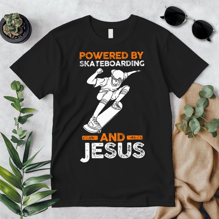 Powered by skateboarding and jesus Premium T-Shirt