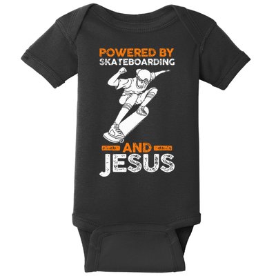 Powered by skateboarding and jesus Baby Bodysuit