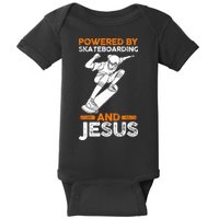 Powered by skateboarding and jesus Baby Bodysuit