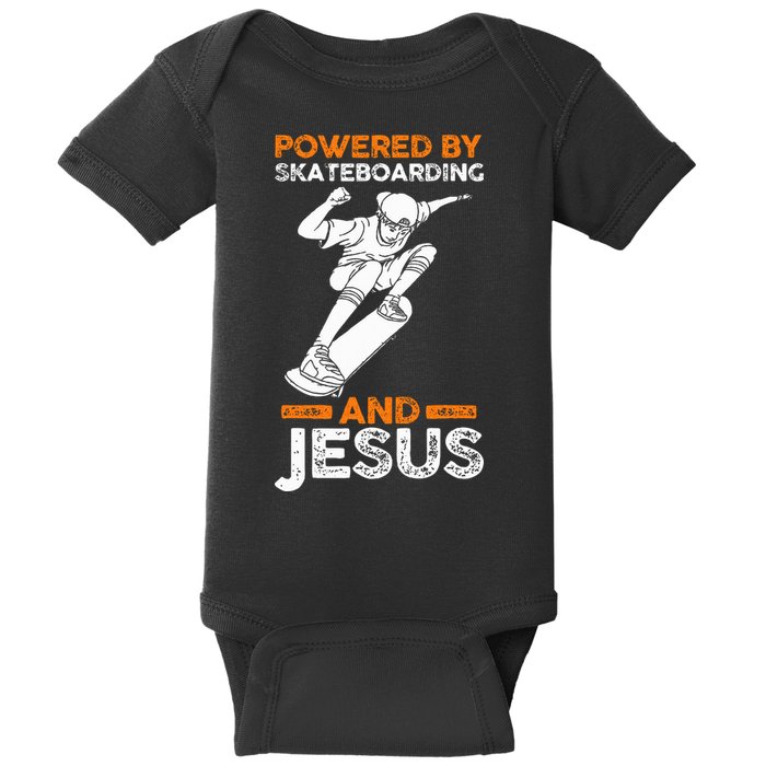 Powered by skateboarding and jesus Baby Bodysuit