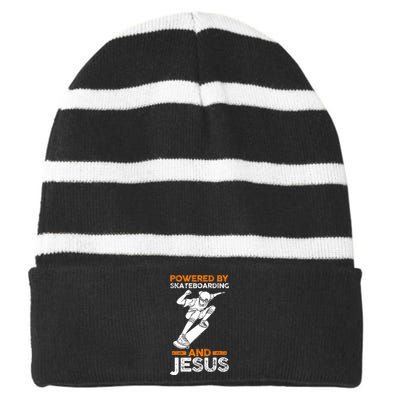 Powered by skateboarding and jesus Striped Beanie with Solid Band