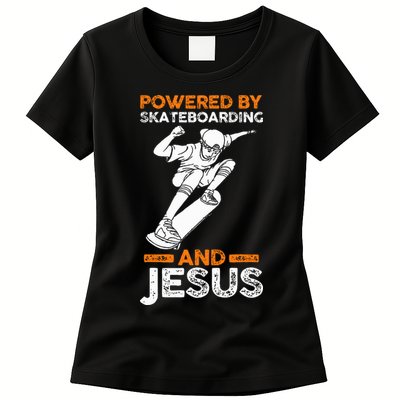 Powered by skateboarding and jesus Womens T-Shirt