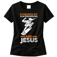 Powered by skateboarding and jesus Womens T-Shirt