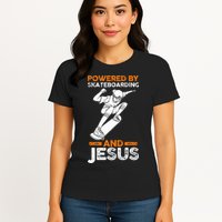 Powered by skateboarding and jesus Womens T-Shirt