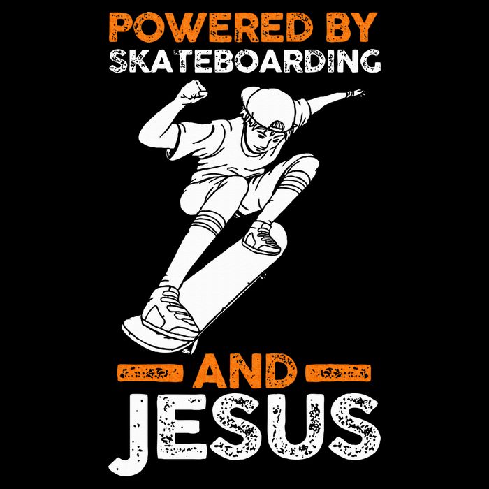 Powered by skateboarding and jesus Womens T-Shirt