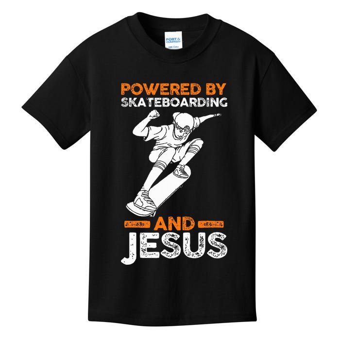 Powered by skateboarding and jesus Kids T-Shirt