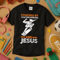 Powered by skateboarding and jesus Kids T-Shirt