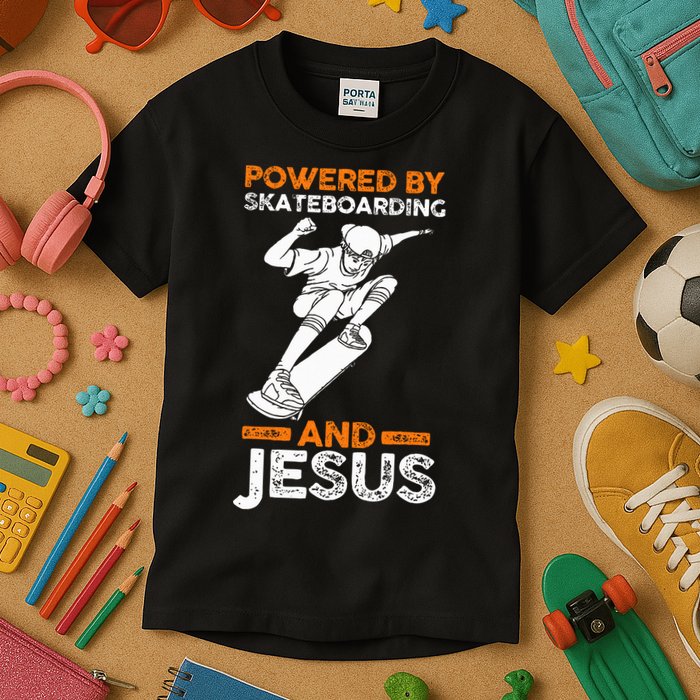 Powered by skateboarding and jesus Kids T-Shirt