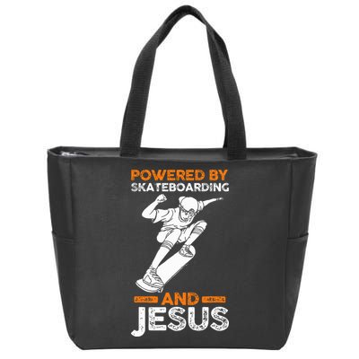 Powered by skateboarding and jesus Zip Tote Bag