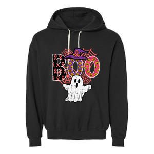 Pink Boo Spider Web Ghost Halloween Costume Garment-Dyed Fleece Hoodie