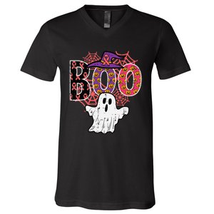 Pink Boo Spider Web Ghost Halloween Costume V-Neck T-Shirt