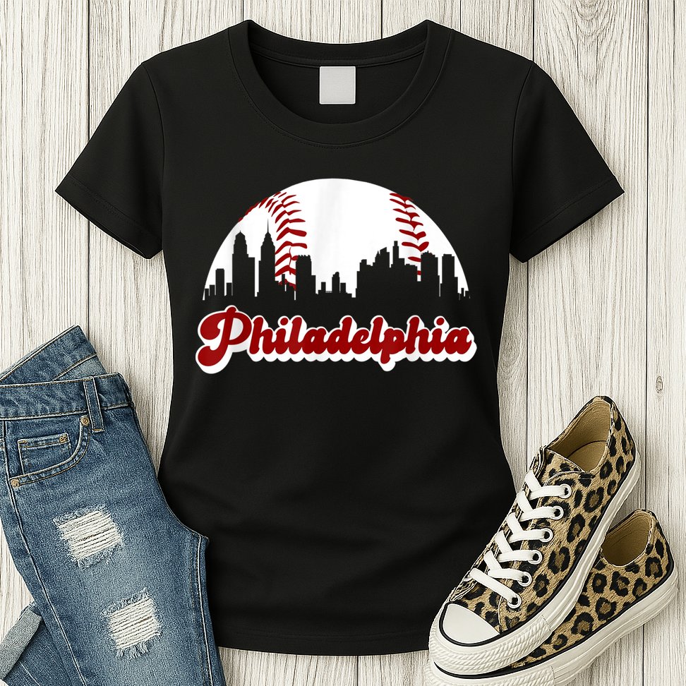Philadelphia Baseball Skyline Philly City Retro Vintage Tee Womens T-Shirt