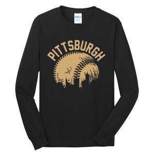 Pittsburgh Baseball Skyline Pennsylvania Player Coach Fan Tall Long Sleeve T-Shirt