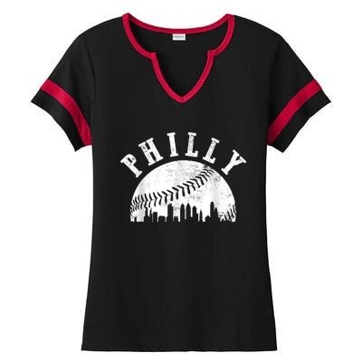 Philly Baseball Sports Skyline Illustration Cityscape Ladies Halftime Notch Neck Tee