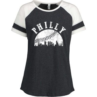 Philly Baseball Sports Skyline Illustration Cityscape Enza Ladies Jersey Colorblock Tee