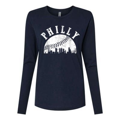 Philly Baseball Sports Skyline Illustration Cityscape Womens Cotton Relaxed Long Sleeve T-Shirt