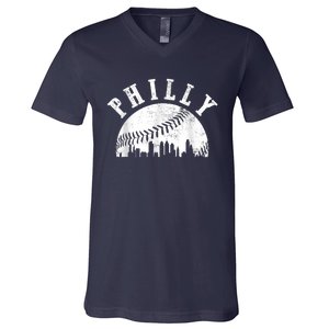 Philly Baseball Sports Skyline Illustration Cityscape V-Neck T-Shirt