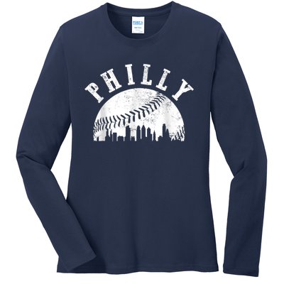 Philly Baseball Sports Skyline Illustration Cityscape Ladies Long Sleeve Shirt