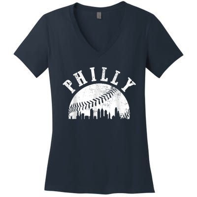 Philly Baseball Sports Skyline Illustration Cityscape Women's V-Neck T-Shirt