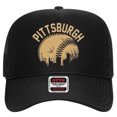 Pittsburgh Baseball Skyline Pennsylvania Player Coach Fan High Crown Mesh Back Trucker Hat