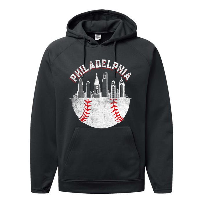 Philadelphia Baseball Skyline Retro Philly Cityscap Performance Fleece Hoodie