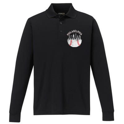 Philadelphia Baseball Skyline Retro Philly Cityscap Performance Long Sleeve Polo