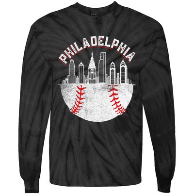 Philadelphia Baseball Skyline Retro Philly Cityscap Tie-Dye Long Sleeve Shirt