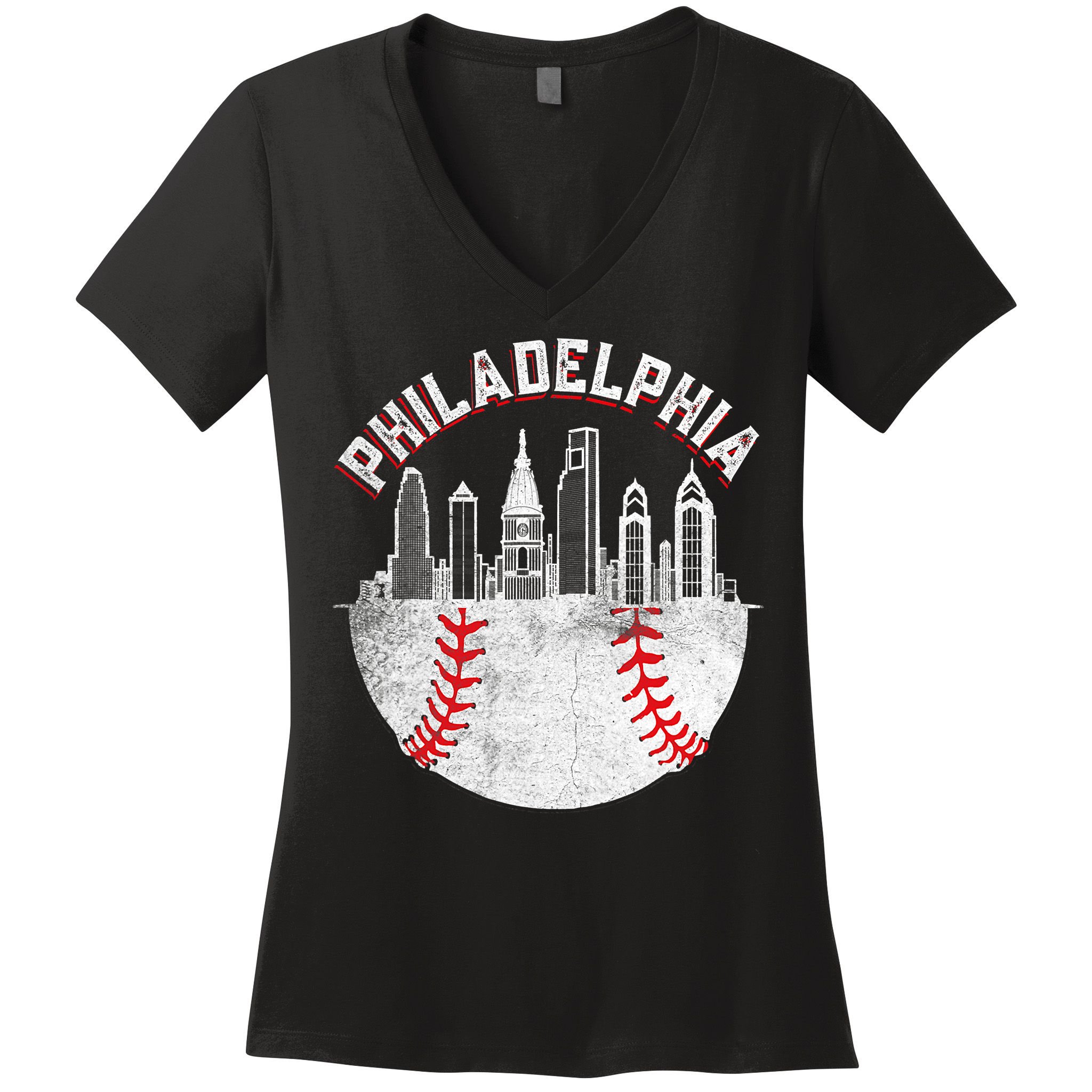 Philadelphia Baseball Skyline Retro Philly Cityscap Women's V-Neck T-Shirt