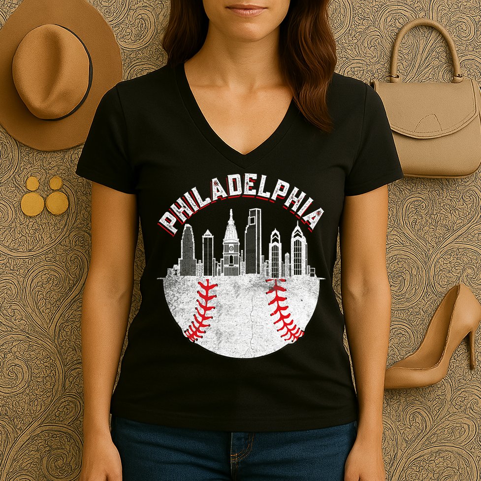 Philadelphia Baseball Skyline Retro Philly Cityscap Women's V-Neck T-Shirt