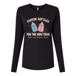 Poppin Bottles The Labor And Delivery Crew New Years 2025 Womens Cotton Relaxed Long Sleeve T-Shirt