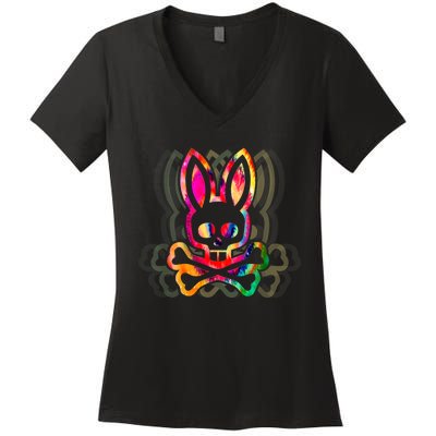 PsychedelicA Bunny Tie Dye Skull And Crossbones Women's V-Neck T-Shirt