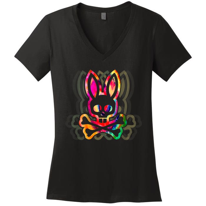 PsychedelicA Bunny Tie Dye Skull And Crossbones Women's V-Neck T-Shirt