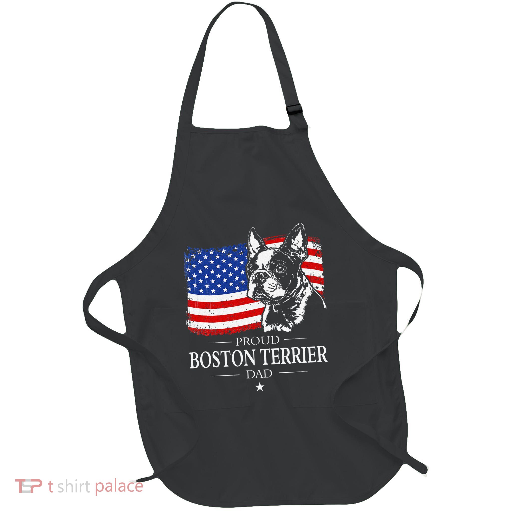 Proud Boston Terrier Dad American Flag Patriotic Dog Full-Length Apron With Pockets