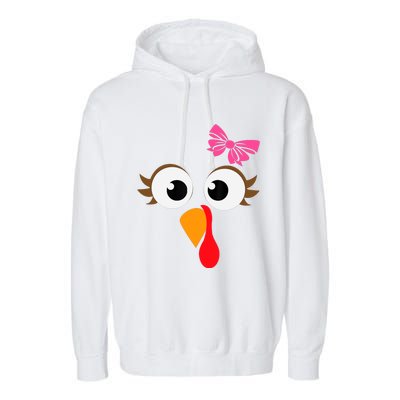 Pink Bow Thanksgiving Turkey Face Girl Garment-Dyed Fleece Hoodie