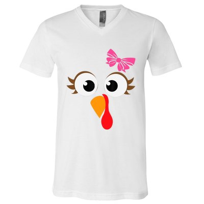 Pink Bow Thanksgiving Turkey Face Girl V-Neck T-Shirt