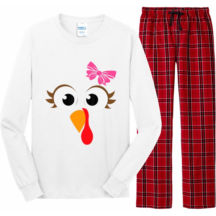 Pink Bow Thanksgiving Turkey Face Girl Long Sleeve Pajama Set