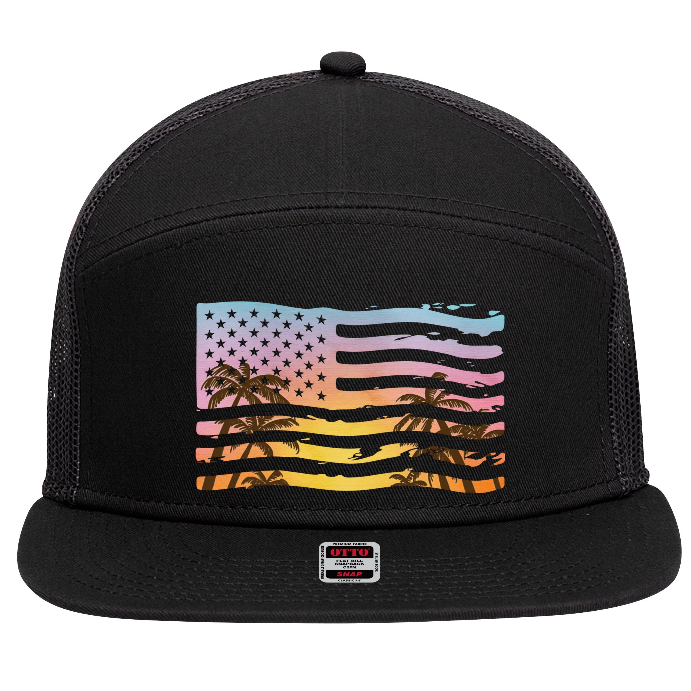 Patriotic Beach Usa Tropical Flag 7 Panel Mesh Trucker Snapback Hat